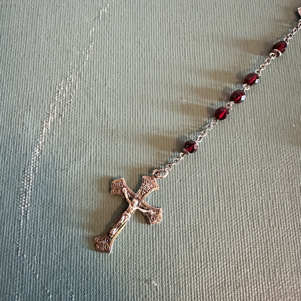 Vintage Sterling Silver and Red Garnet Beaded Cross Crucifix Rosary Necklace - Picture 2 of 7